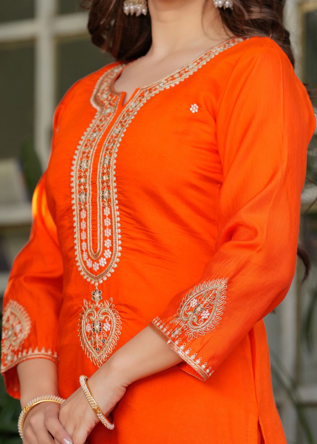 Bright Orange Chanderi Kurta Pant Dupatta Set Women