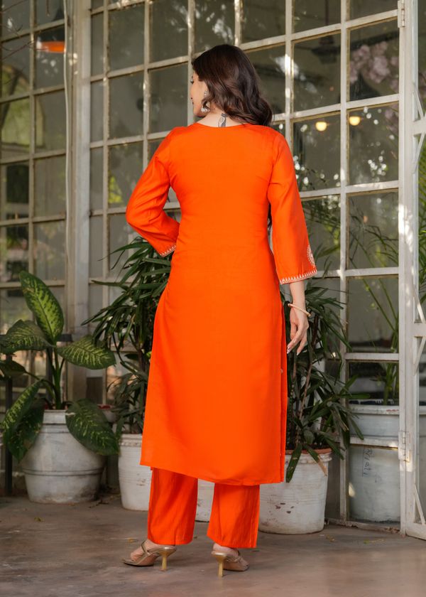 Bright Orange Chanderi Kurta Pant Dupatta Set Women