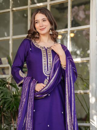 Royal Purple Chanderi Kurta Pant Dupatta Set Women