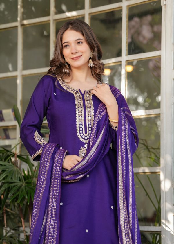 Royal Purple Chanderi Kurta Pant Dupatta Set Women