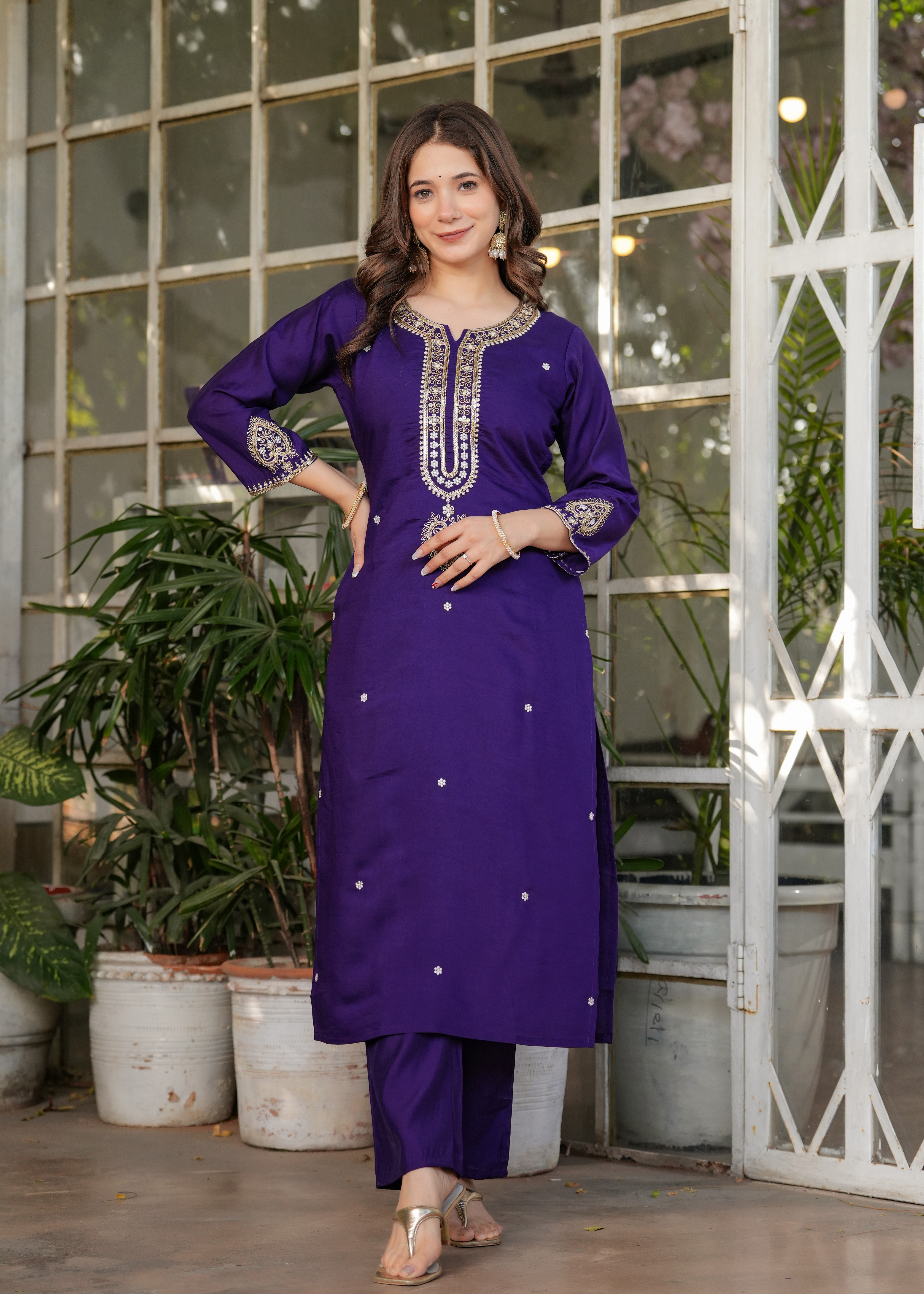 Royal Purple Chanderi Kurta Pant Dupatta Set Women