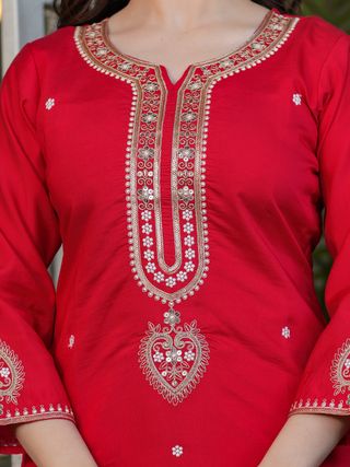 Festive Red Chanderi Kurta Pant Dupatta Set Women