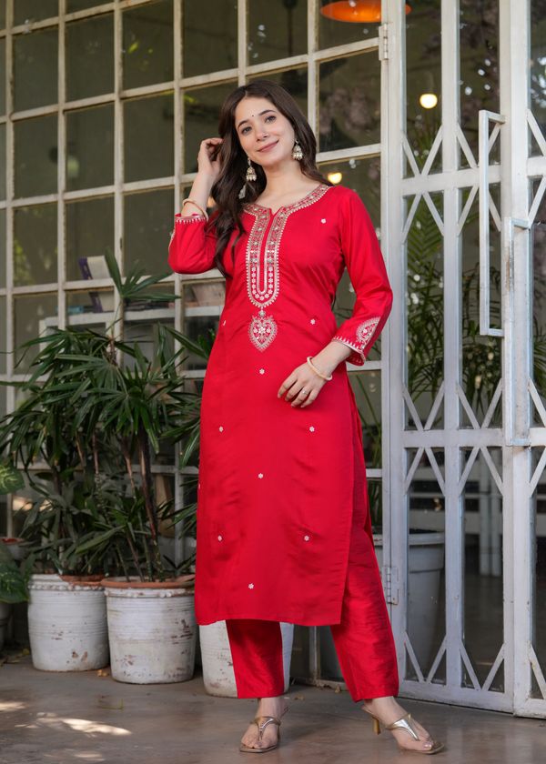 Festive Red Chanderi Kurta Pant Dupatta Set Women