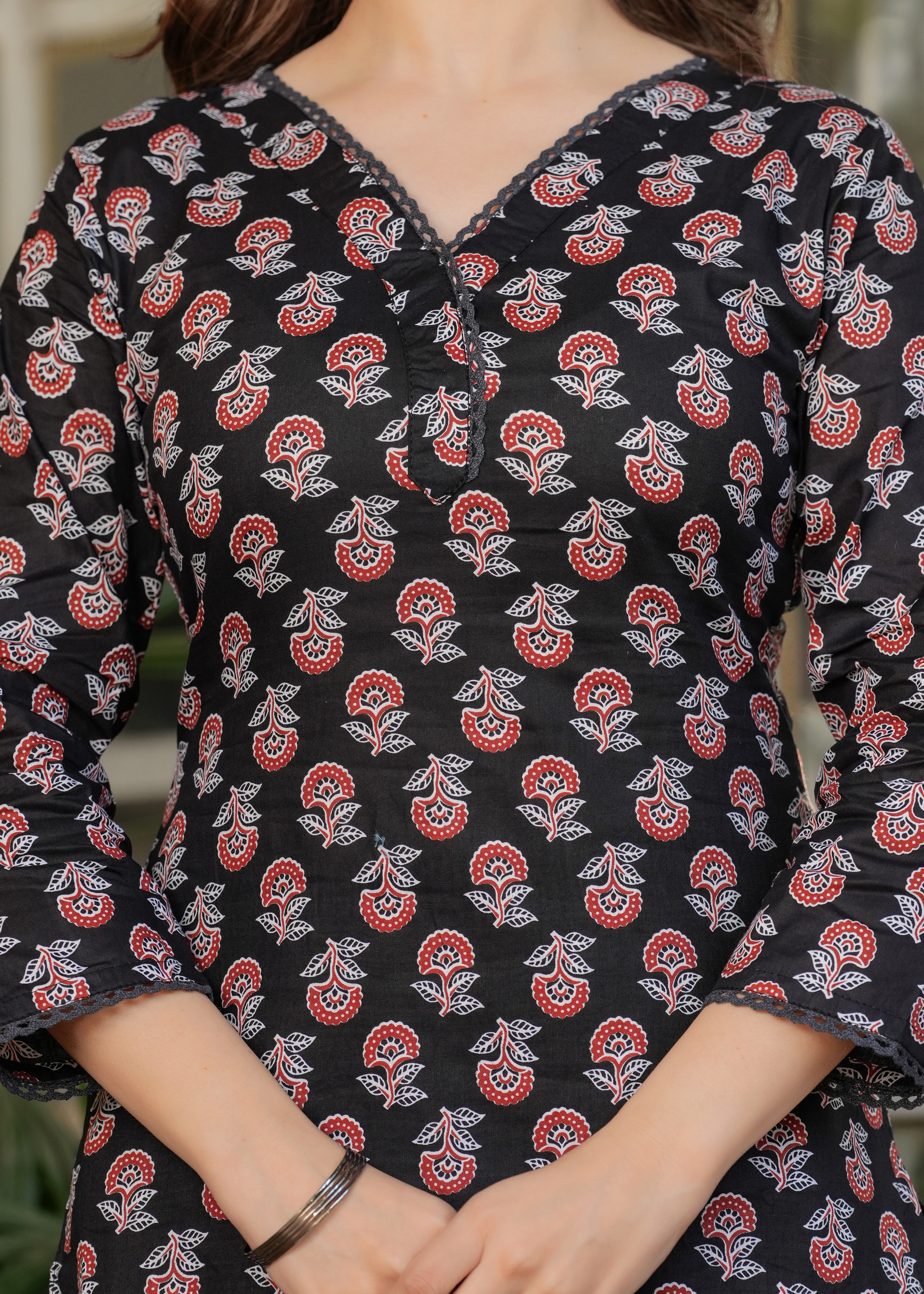 Black Maroon Cotton Printed Kurta Set with Dupatta