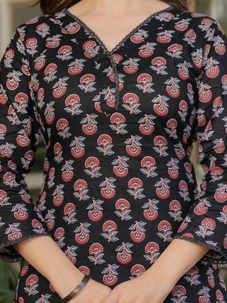 Black Maroon Cotton Printed Kurta Set with Dupatta