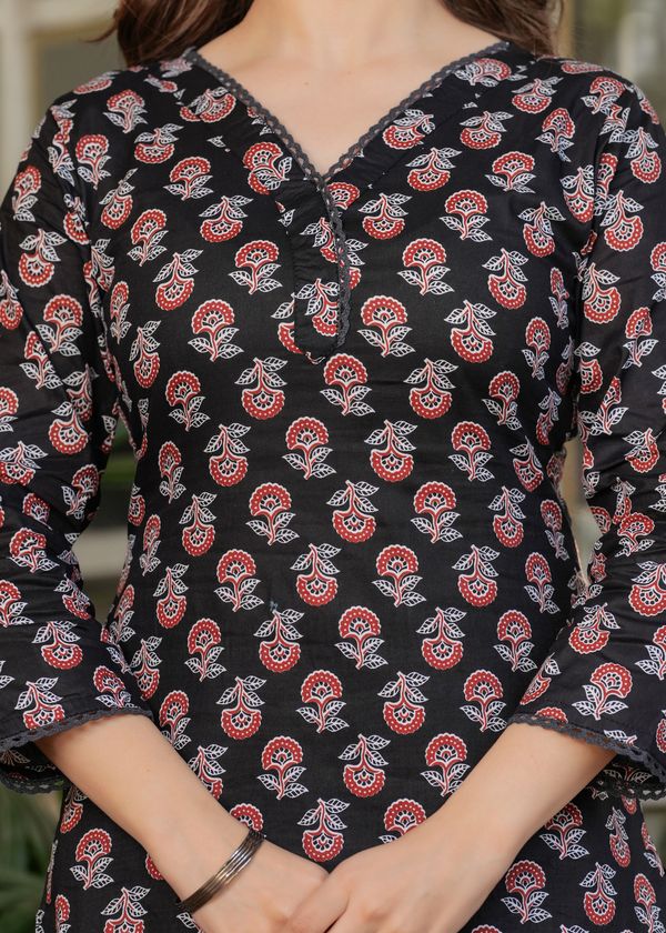 Black Maroon Cotton Printed Kurta Set with Dupatta
