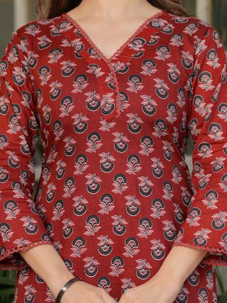 Rust Printed Cotton Kurta Set with Pant and Dupatta