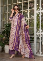Cream Floral Cotton Kurta Set with Pant and Dupatta - Purple