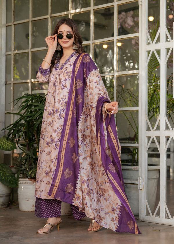 Cream Floral Cotton Kurta Set with Pant and Dupatta
