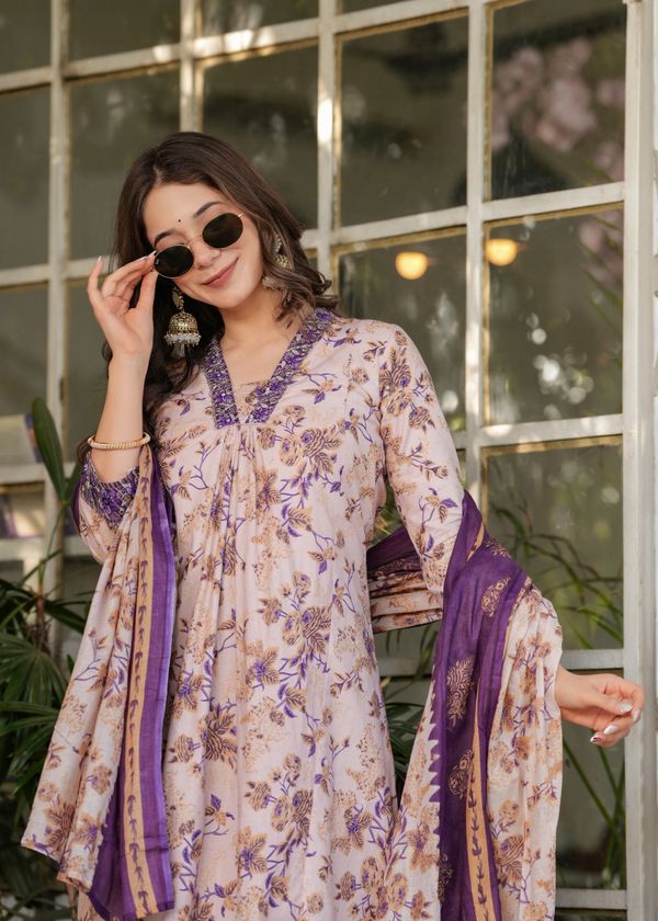 Cream Floral Cotton Kurta Set with Pant and Dupatta