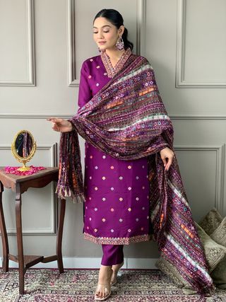 Wine Chanderi Embroidered Kurta Set with Dupatta