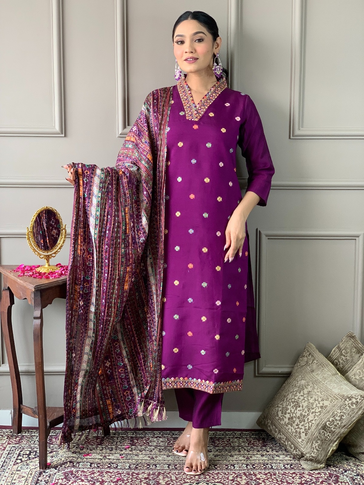 Wine Chanderi Embroidered Kurta Set with Dupatta