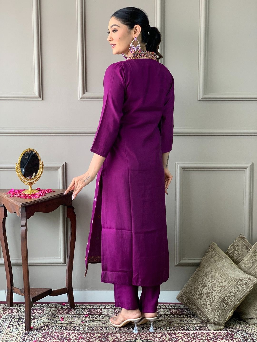 Wine Chanderi Embroidered Kurta Set with Dupatta