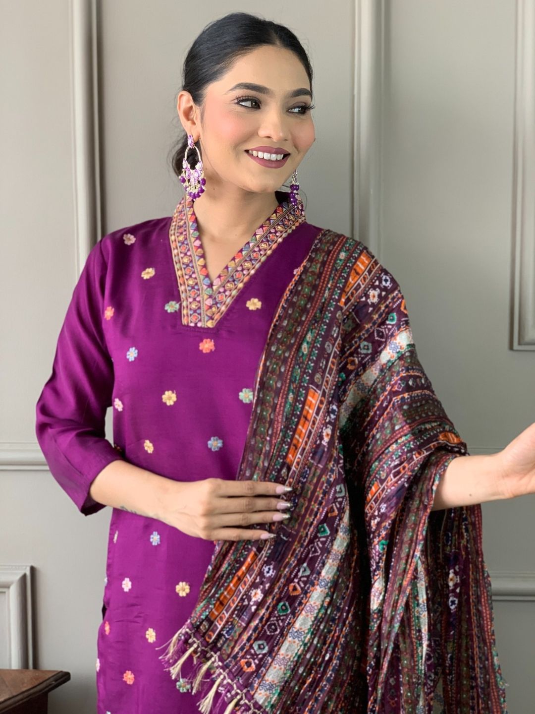 Wine Chanderi Embroidered Kurta Set with Dupatta