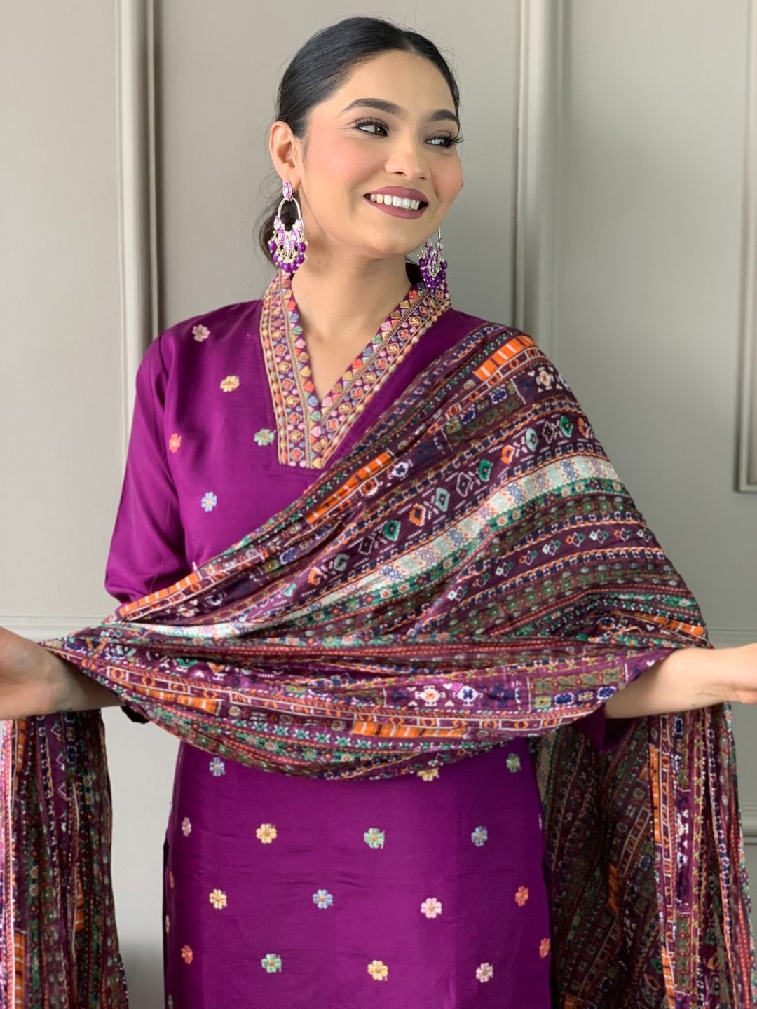 Wine Chanderi Embroidered Kurta Set with Dupatta
