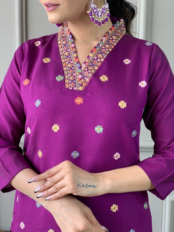 Wine Chanderi Embroidered Kurta Set with Dupatta