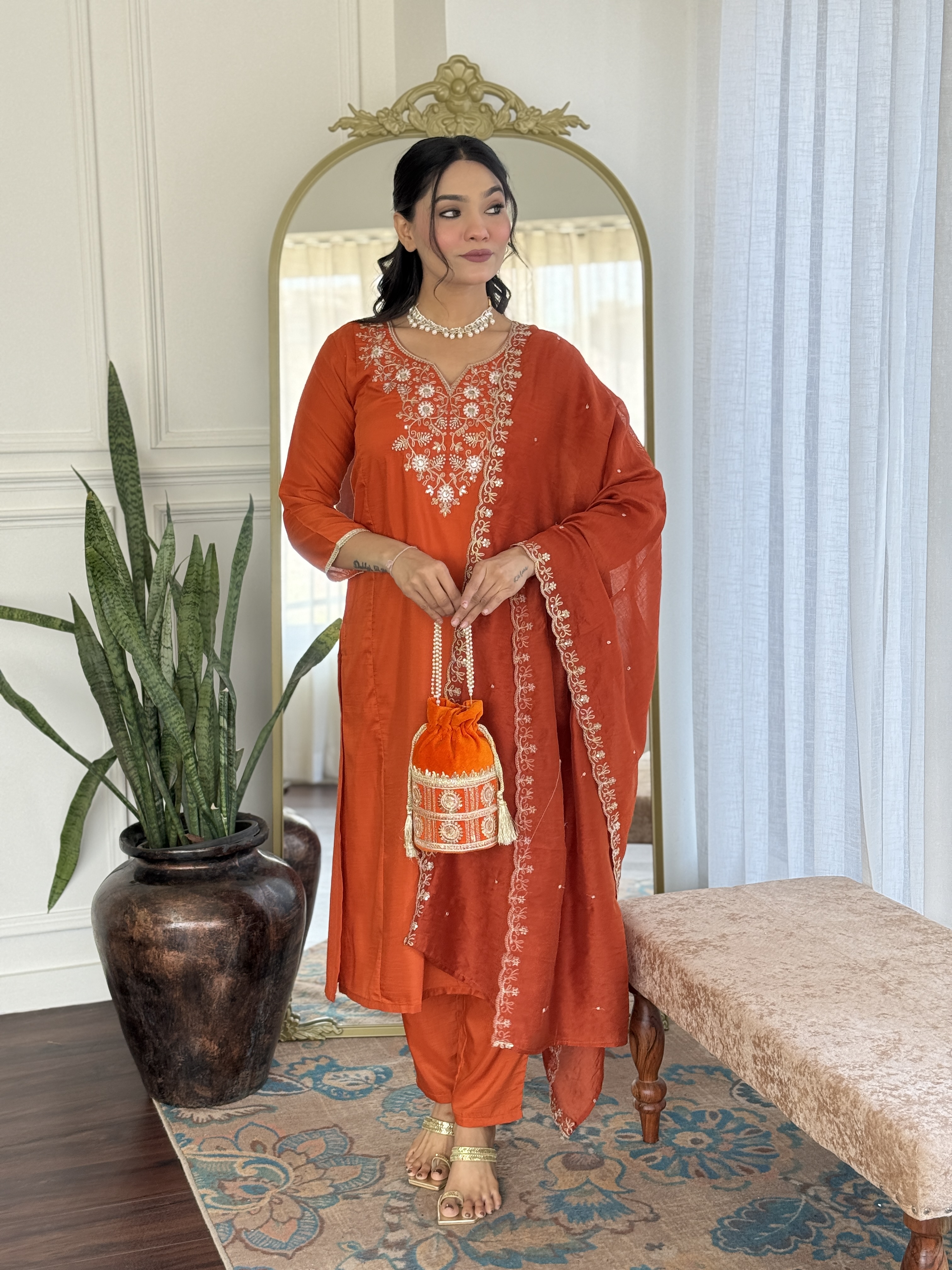 Orange Embroidered Chinon Kurta Set with Dupatta