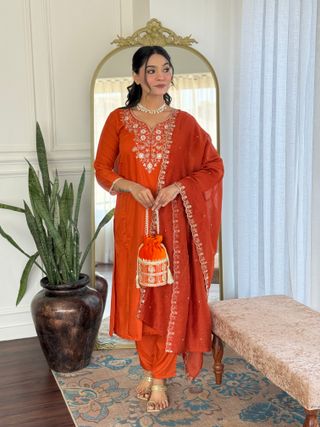 Orange Embroidered Chinon Kurta Set with Dupatta