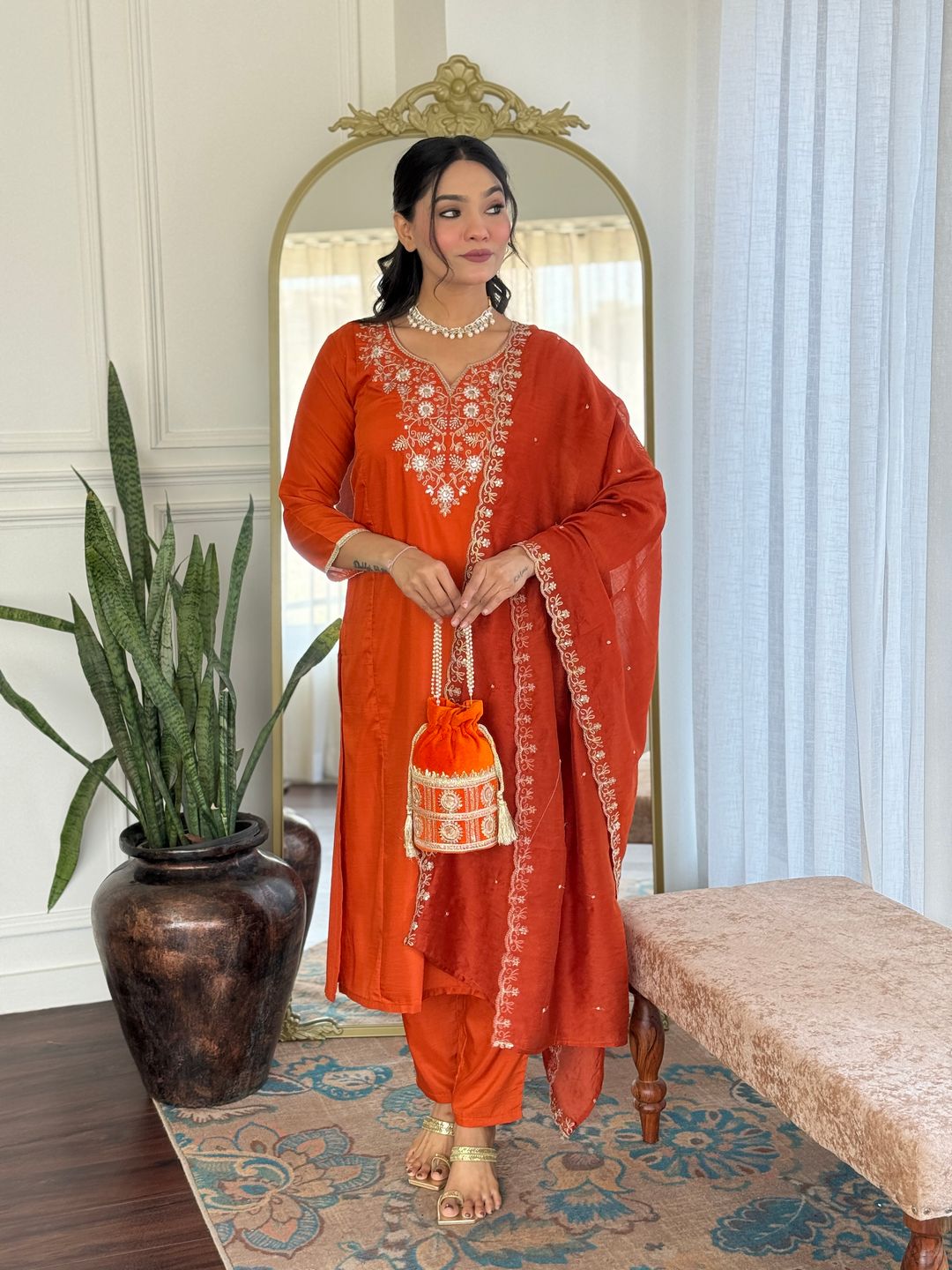 Orange Embroidered Chinon Kurta Set with Dupatta