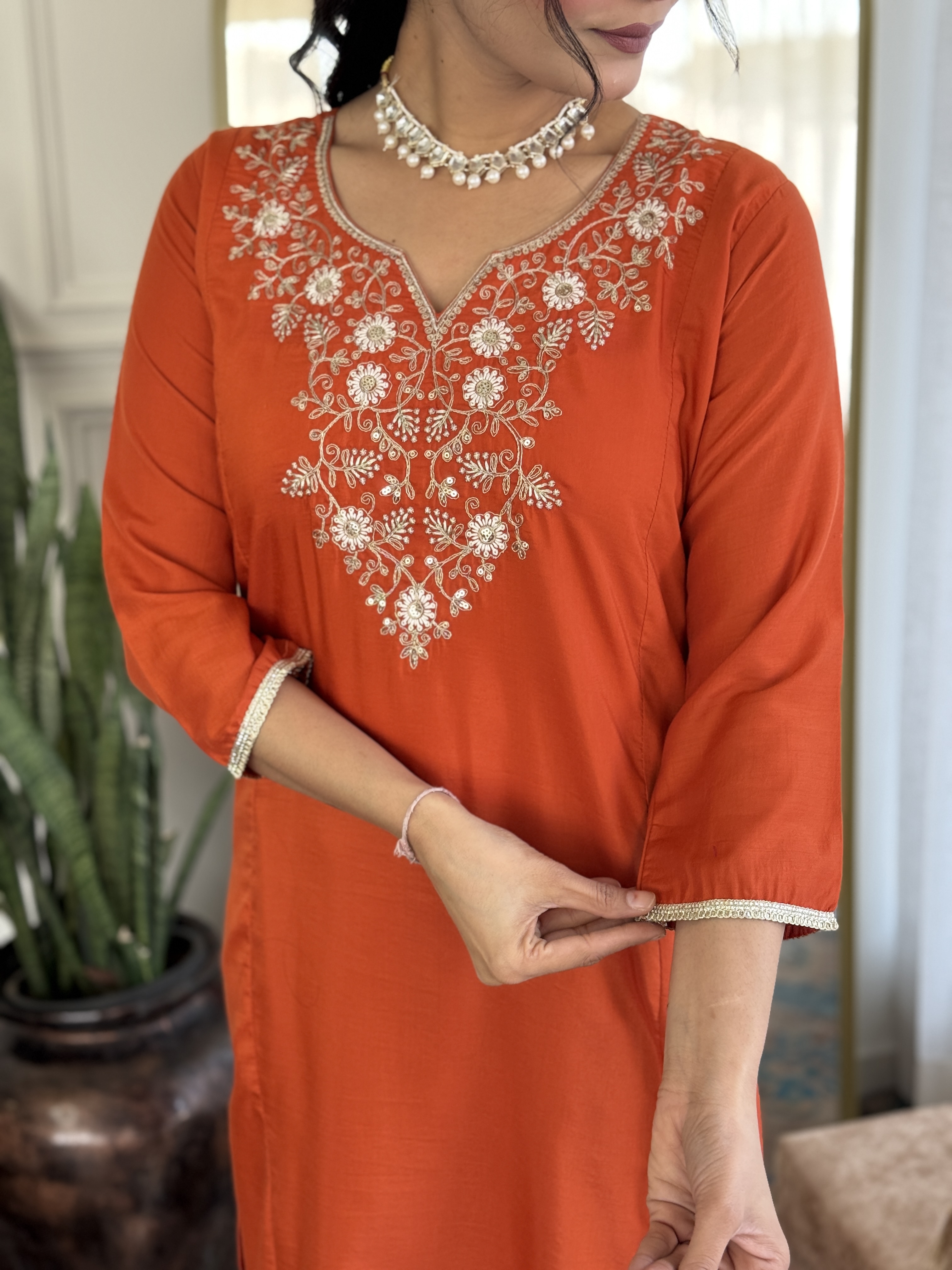 Orange Embroidered Chinon Kurta Set with Dupatta