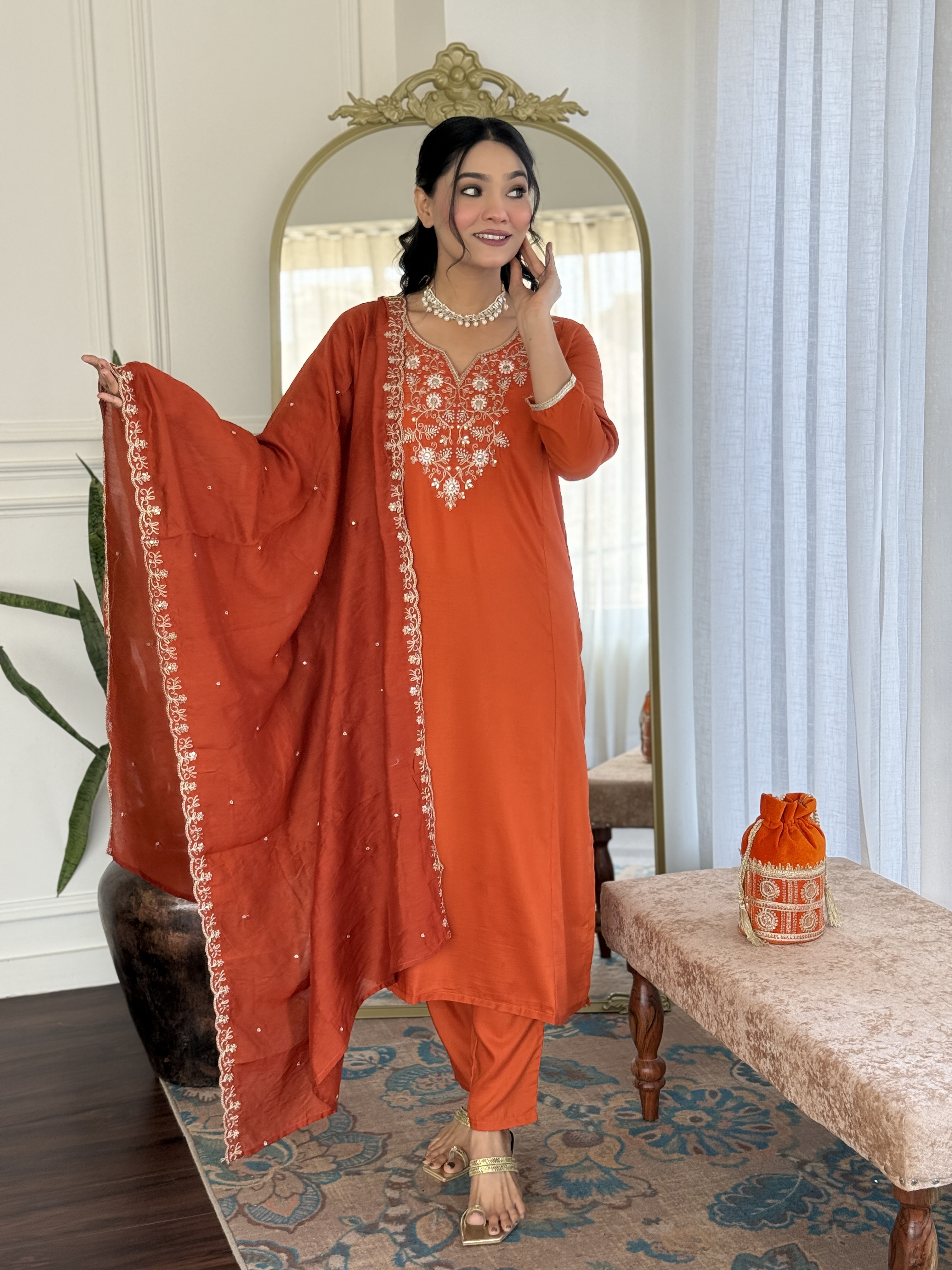 Orange Embroidered Chinon Kurta Set with Dupatta
