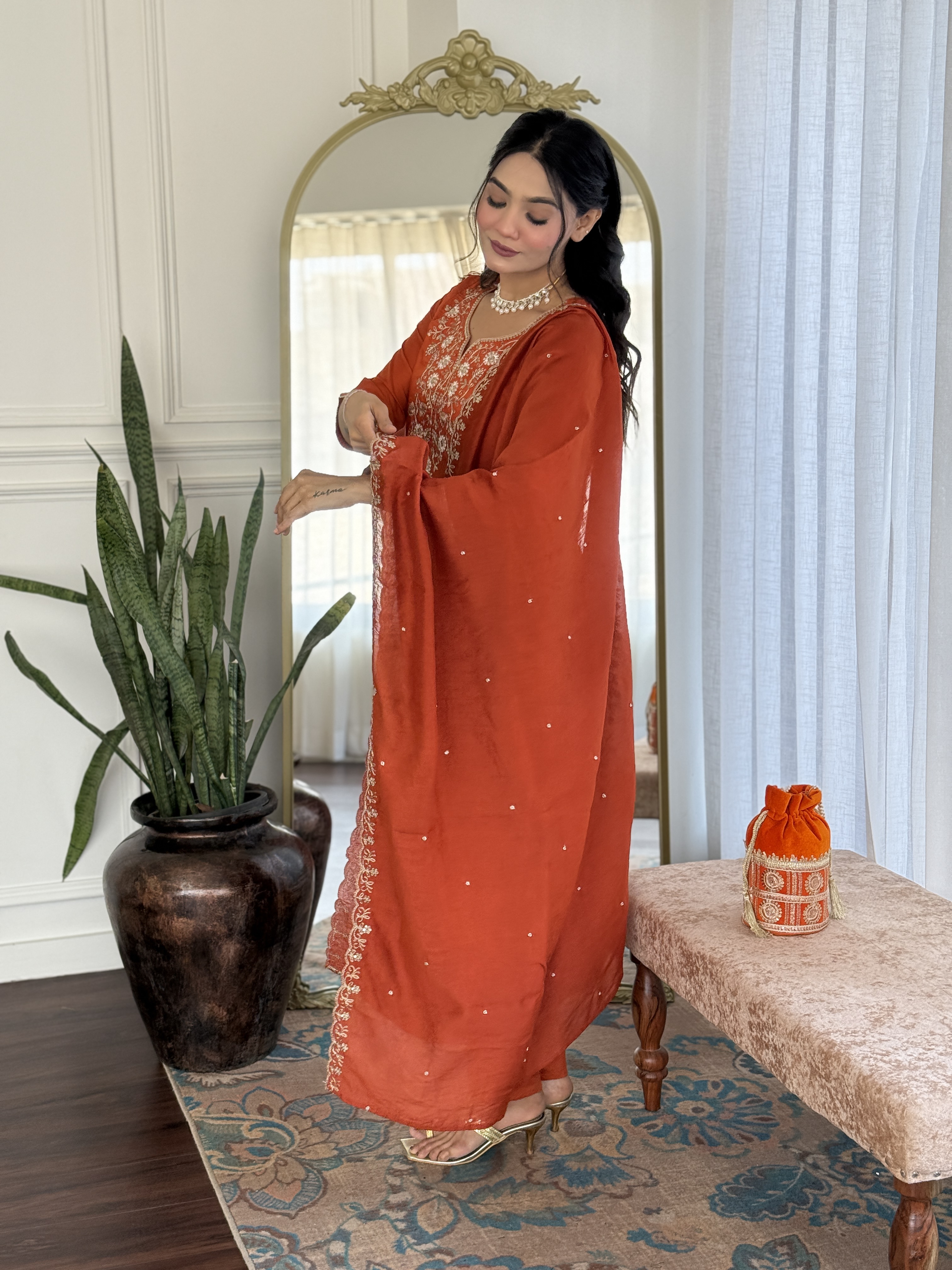 Orange Embroidered Chinon Kurta Set with Dupatta