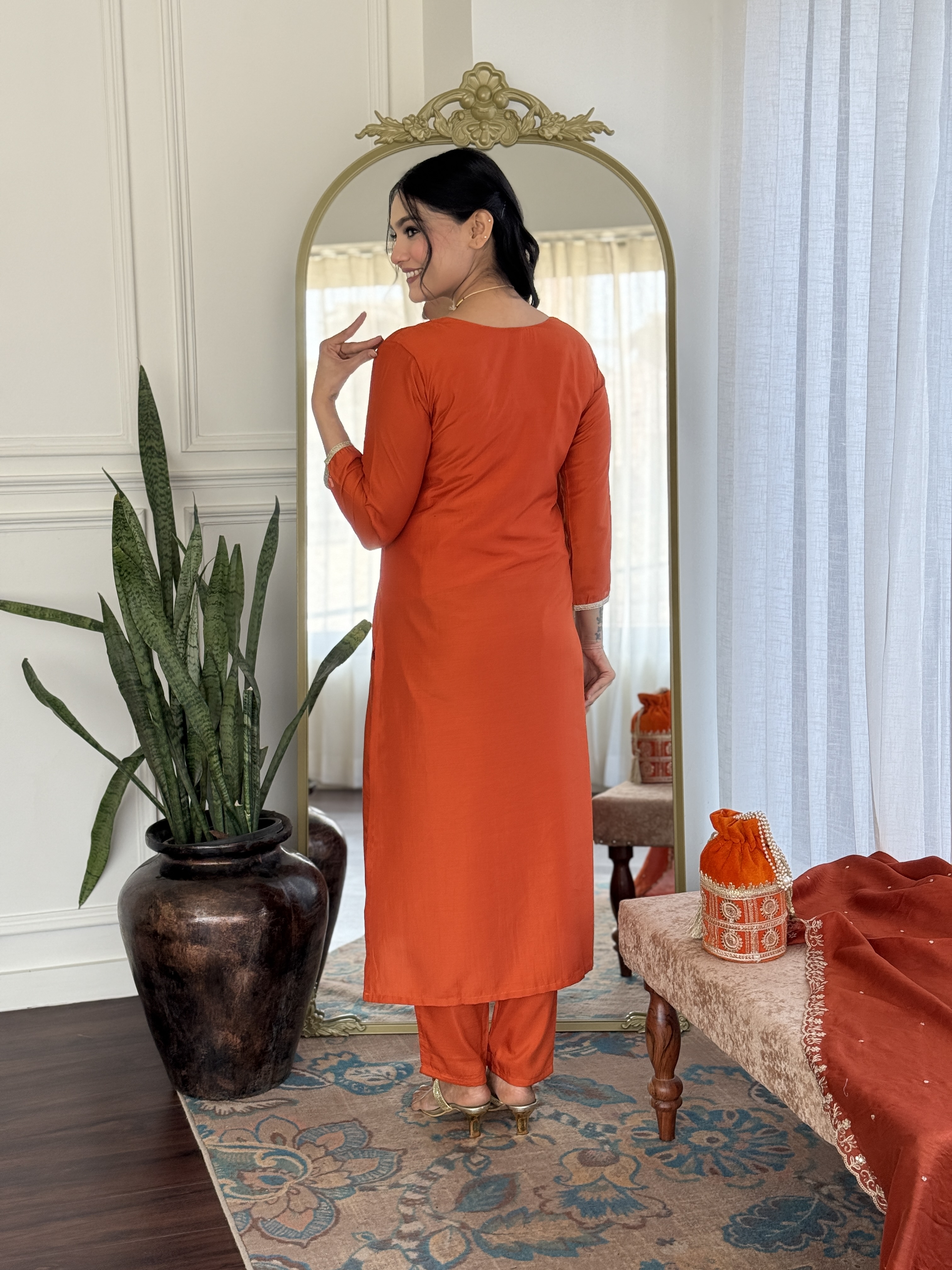 Orange Embroidered Chinon Kurta Set with Dupatta