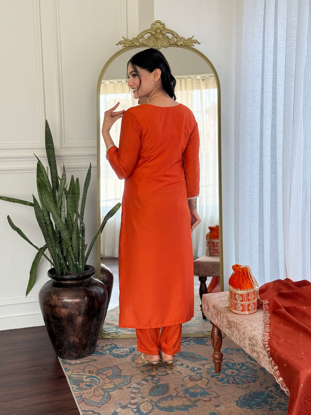 Orange Embroidered Chinon Kurta Set with Dupatta