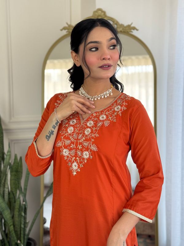 Orange Embroidered Chinon Kurta Set with Dupatta