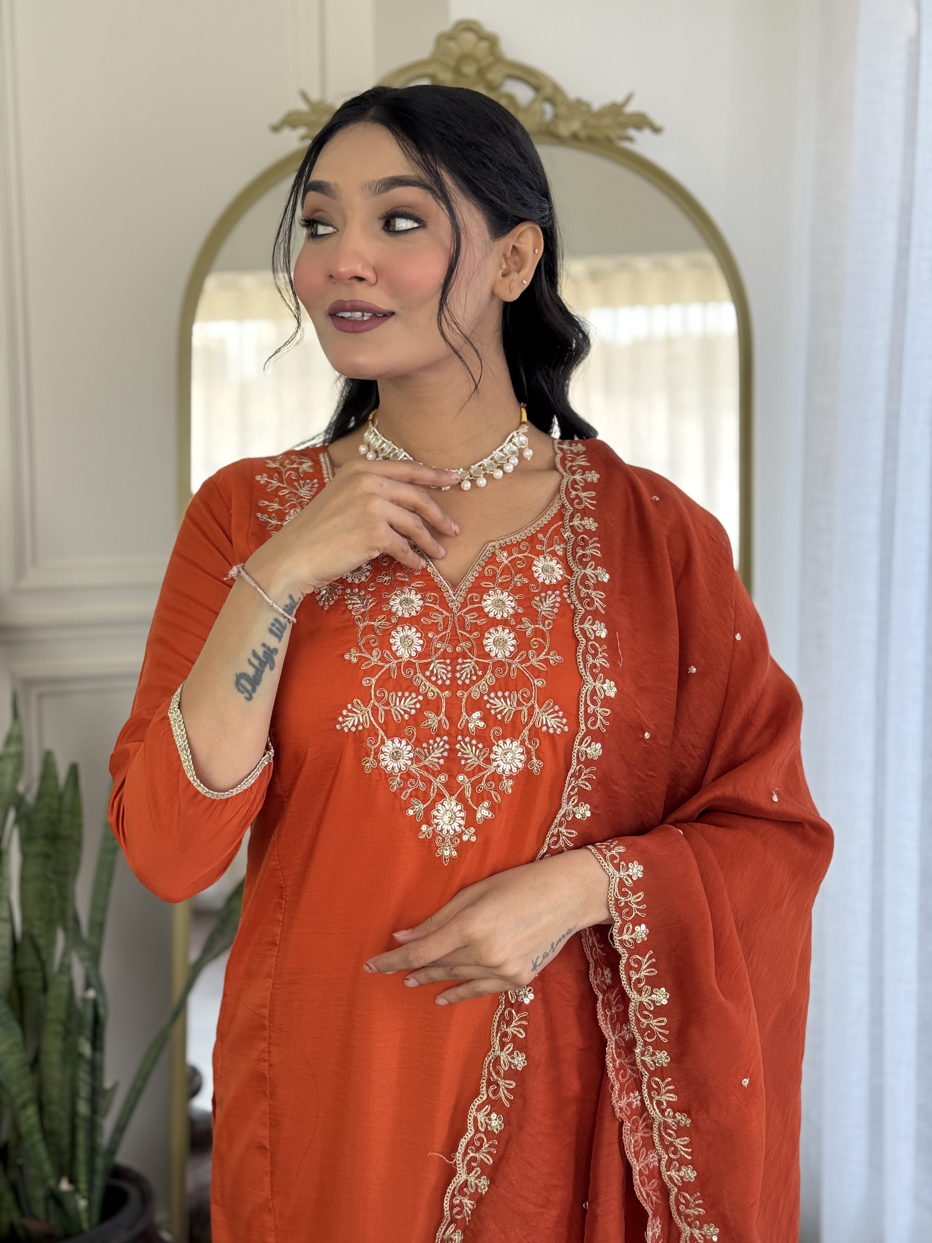Orange Embroidered Chinon Kurta Set with Dupatta