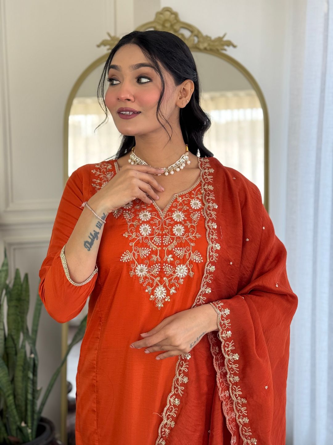 Orange Embroidered Chinon Kurta Set with Dupatta