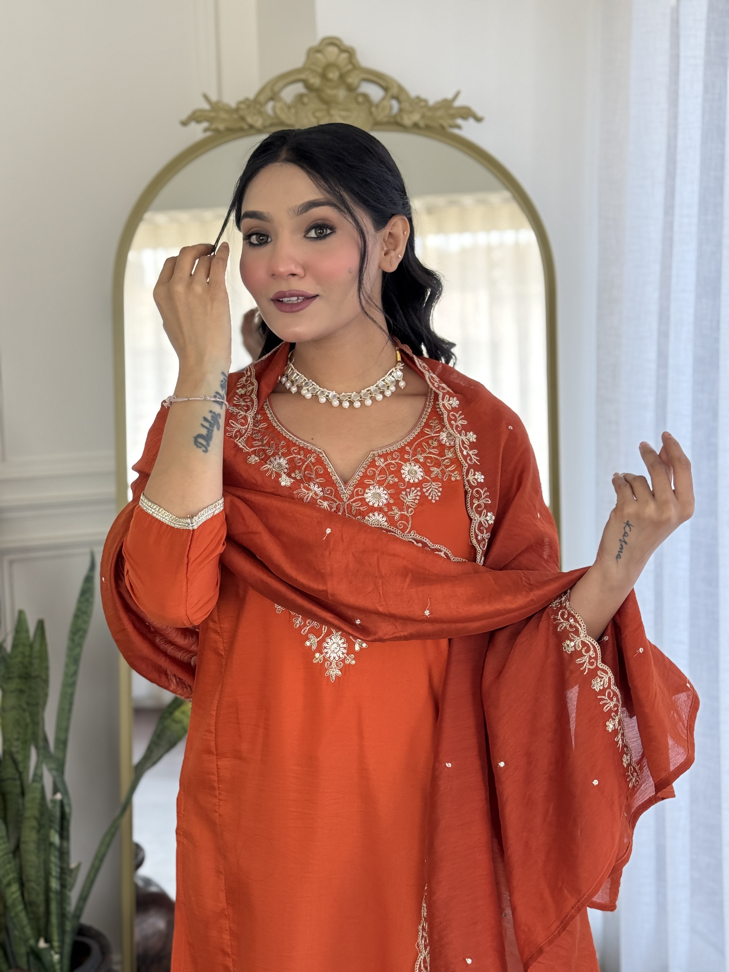 Orange Embroidered Chinon Kurta Set with Dupatta