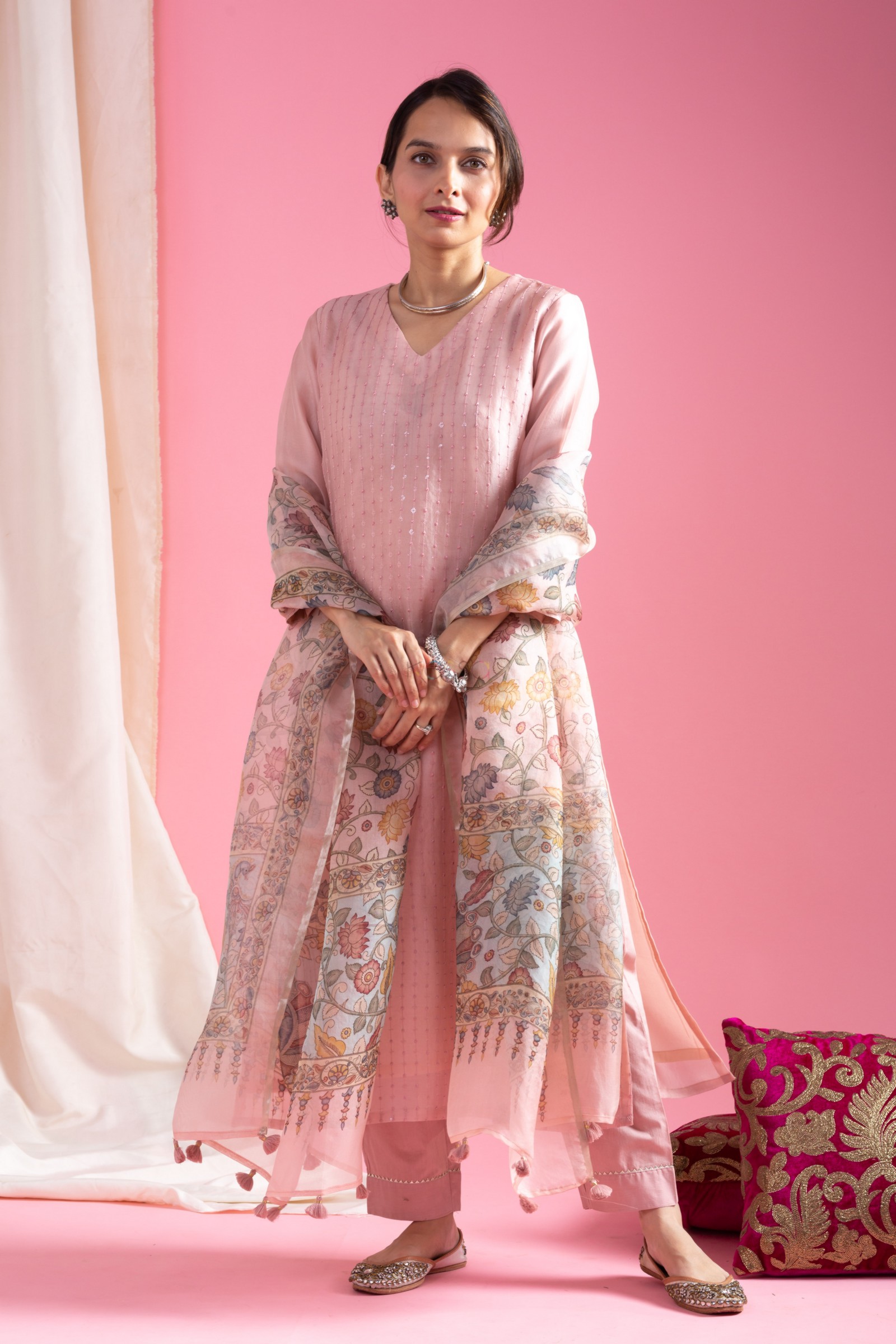 Blush Pink Chanderi Kurta Set with Organza Dupatta