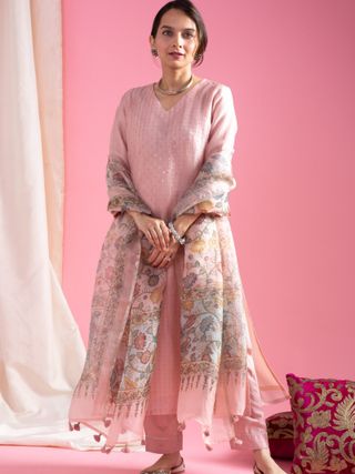 Blush Pink Chanderi Kurta Set with Organza Dupatta