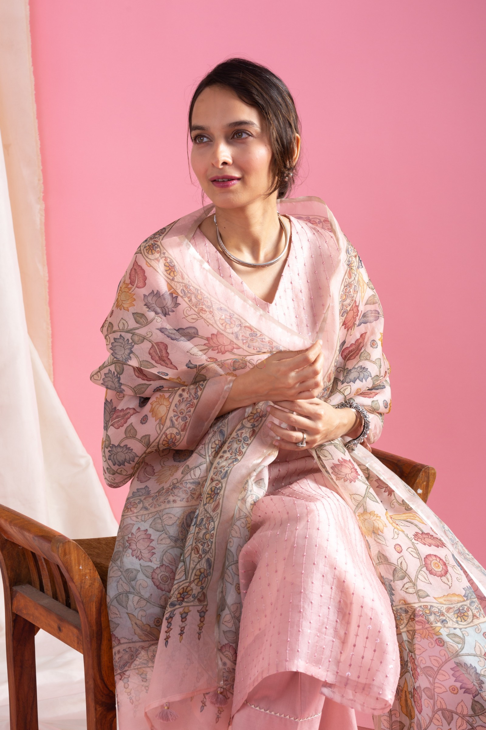 Blush Pink Chanderi Kurta Set with Organza Dupatta