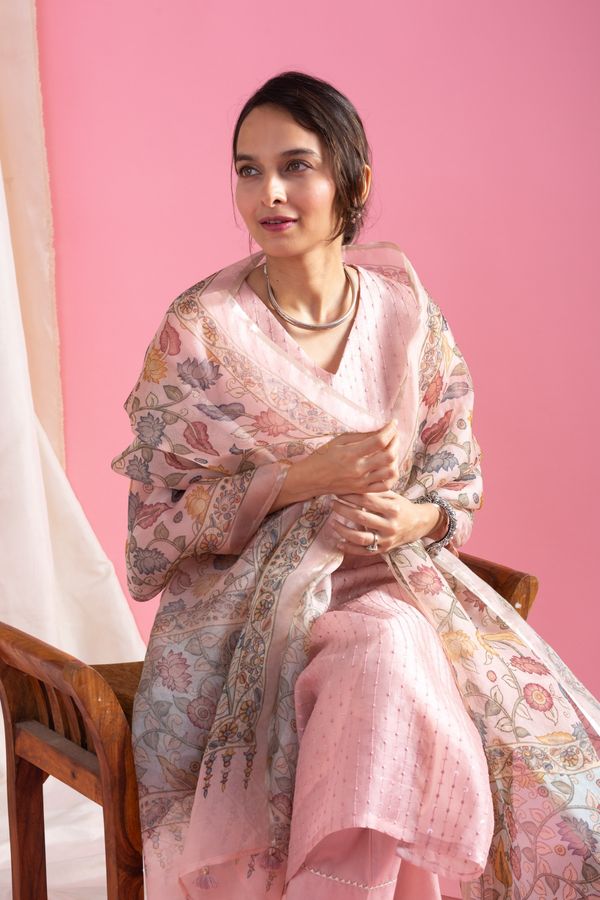 Blush Pink Chanderi Kurta Set with Organza Dupatta