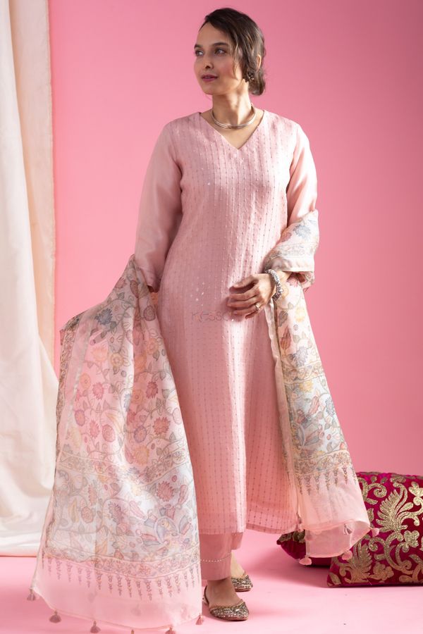 Blush Pink Chanderi Kurta Set with Organza Dupatta