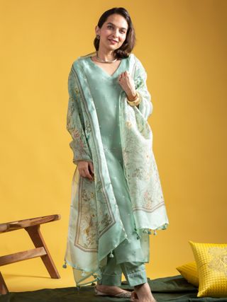 Pista Green Chanderi Kurta Set with Organza Dupatta