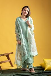 Pista Green Chanderi Kurta Set with Organza Dupatta - Green