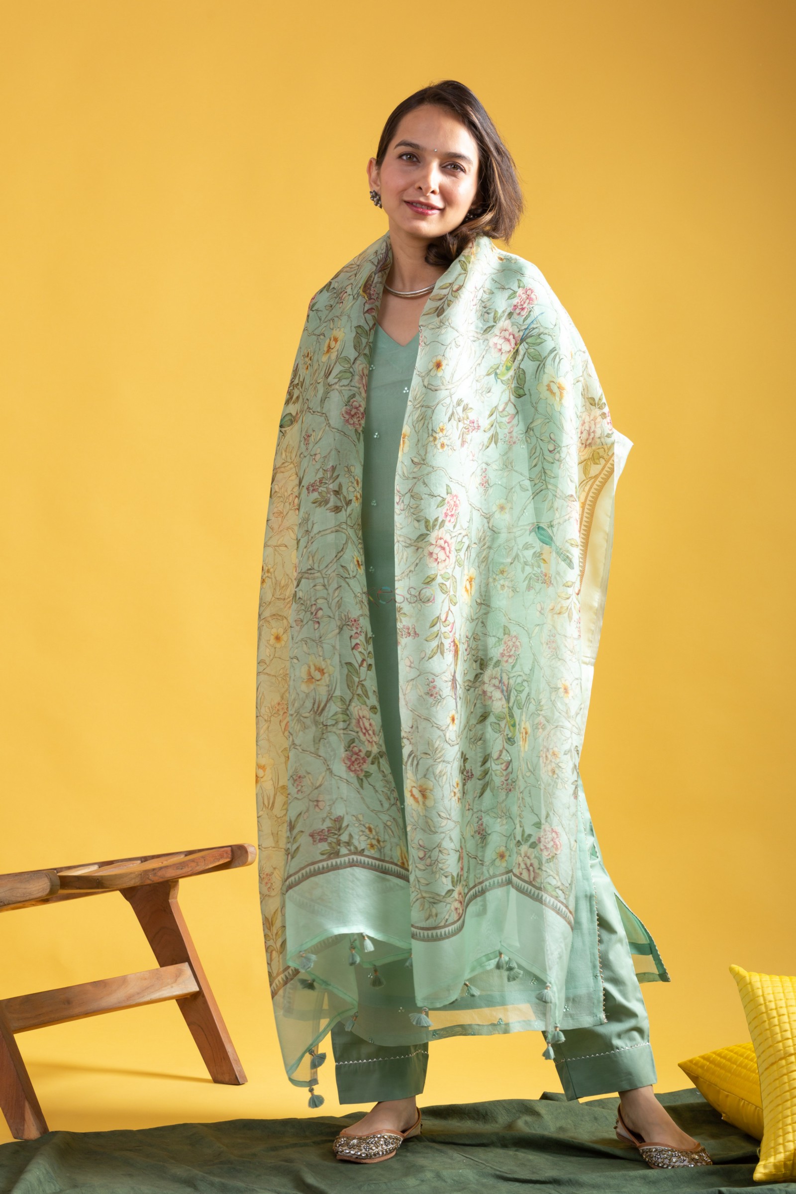 Pista Green Chanderi Kurta Set with Organza Dupatta