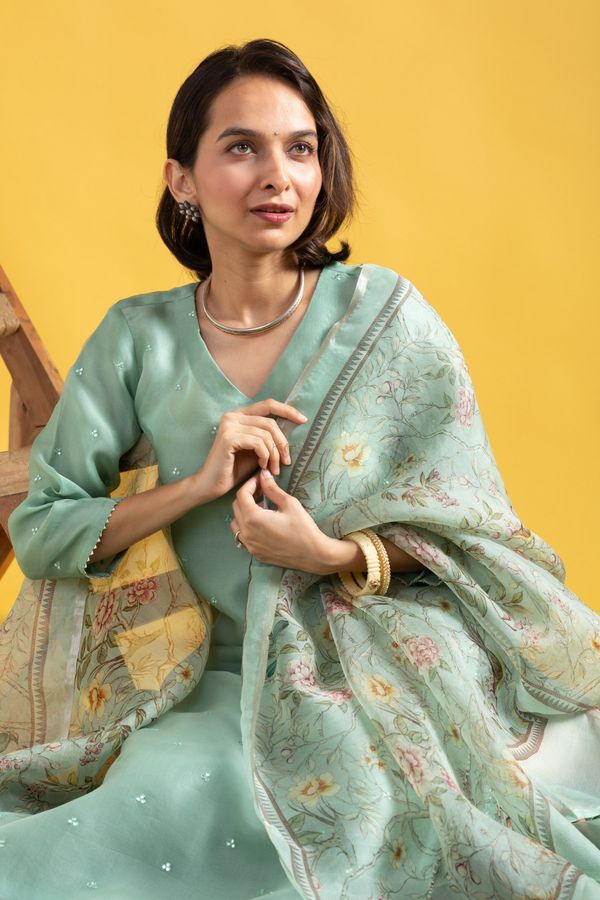 Pista Green Chanderi Kurta Set with Organza Dupatta