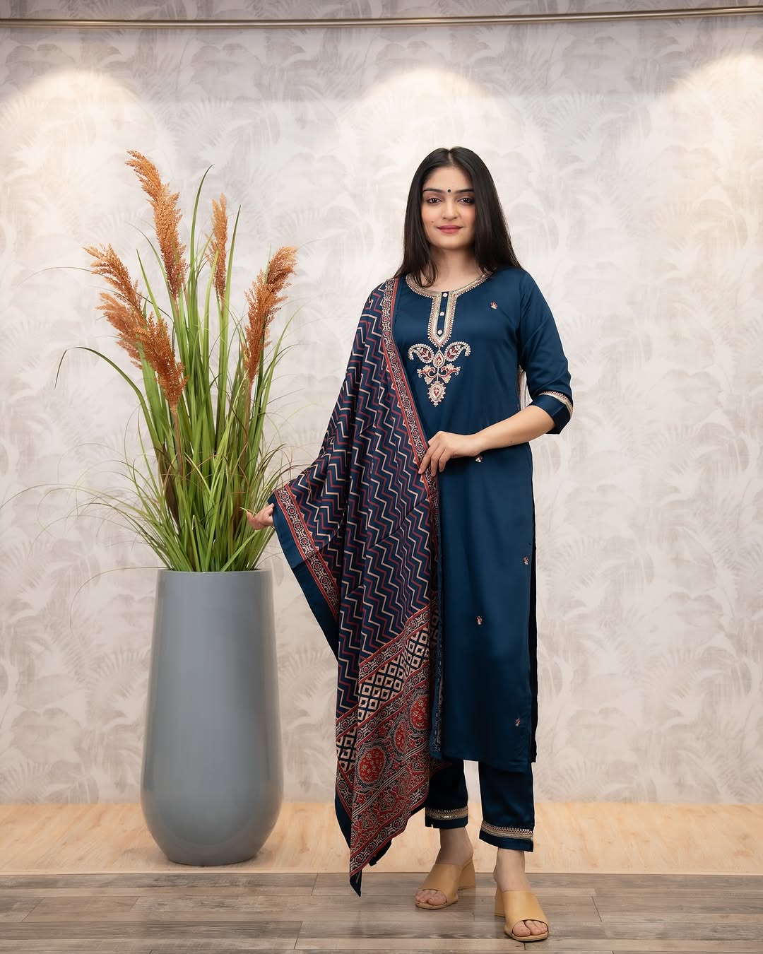 Navy Blue Chanderi Silk Kurta Set with Printed Dupatta