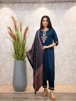 Navy Blue Chanderi Silk Kurta Set with Printed Dupatta