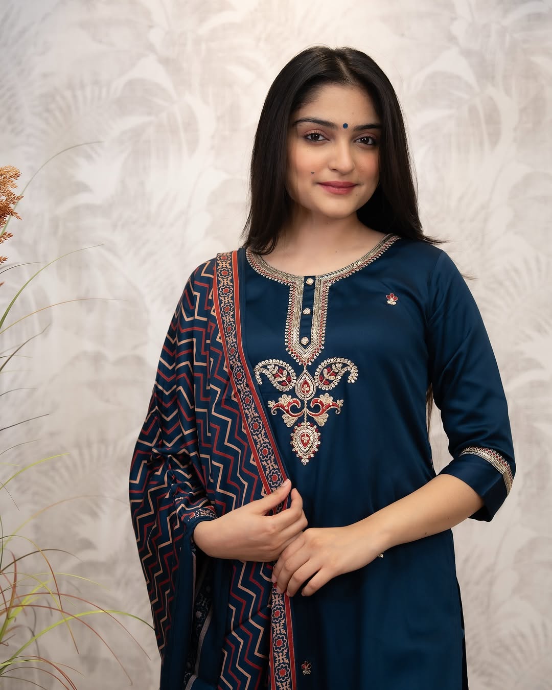 Navy Blue Chanderi Silk Kurta Set with Printed Dupatta