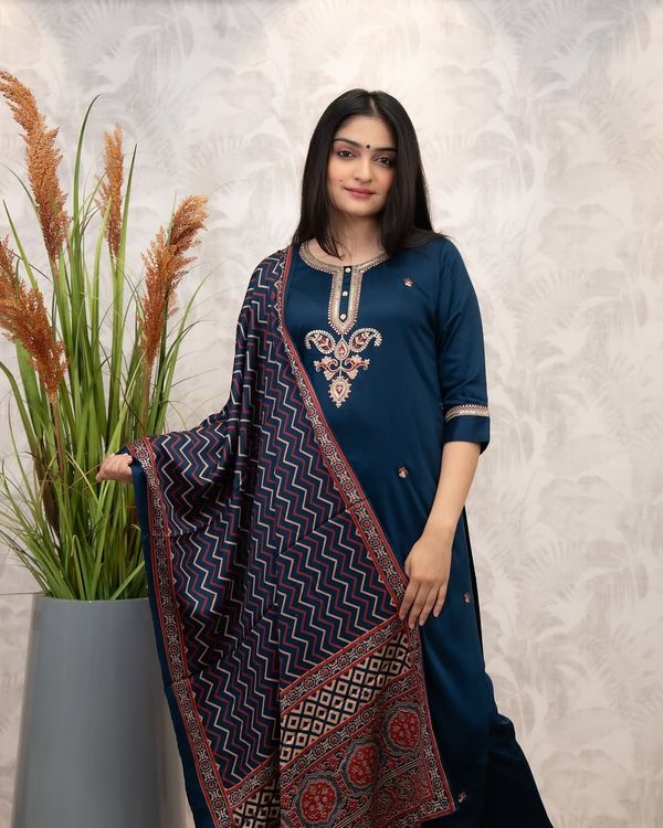 Navy Blue Chanderi Silk Kurta Set with Printed Dupatta
