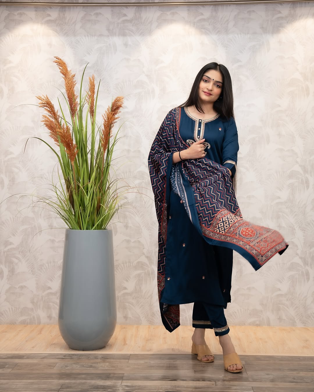 Navy Blue Chanderi Silk Kurta Set with Printed Dupatta