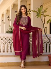 Maroon Embroidered Rayon Kurta Set with Chinon Dupatta - Maroon