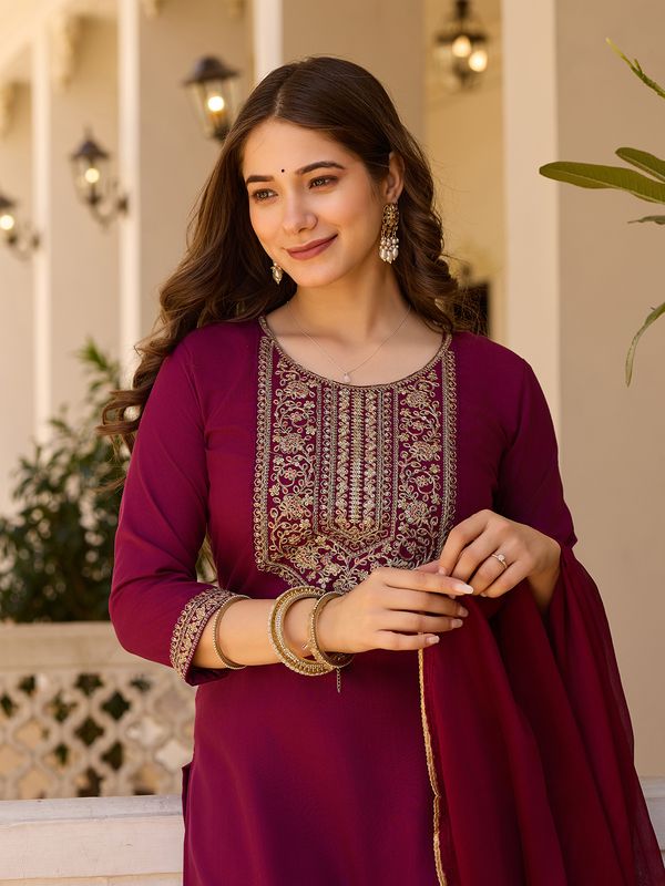 Maroon Embroidered Rayon Kurta Set with Chinon Dupatta
