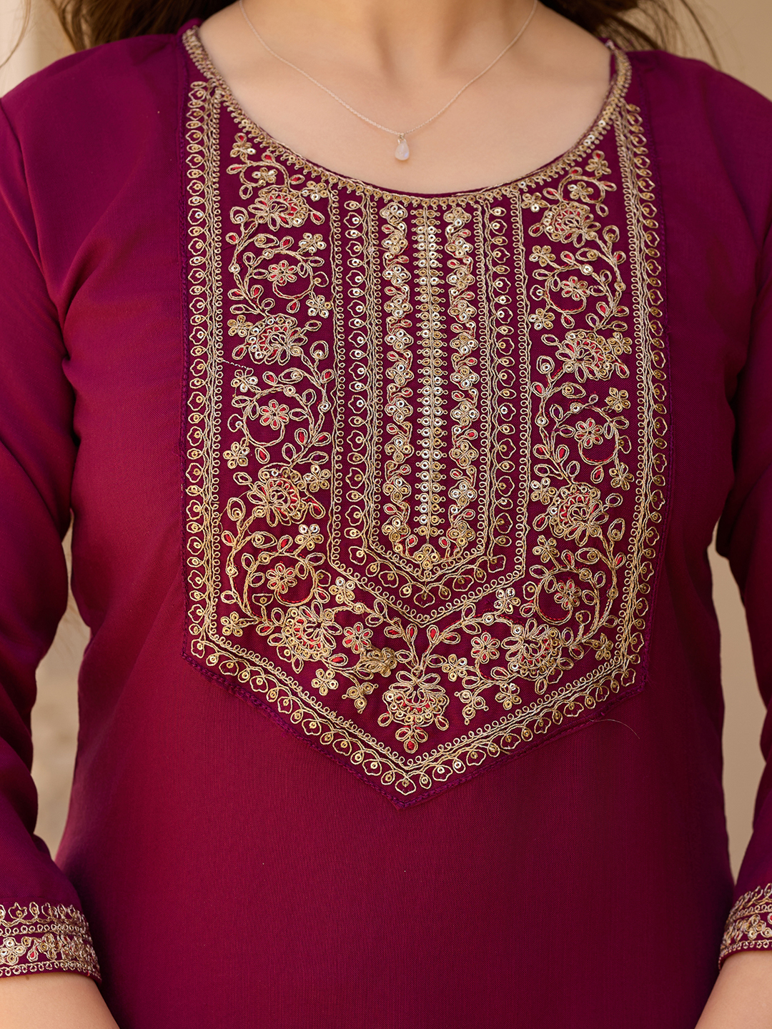 Maroon Embroidered Rayon Kurta Set with Chinon Dupatta