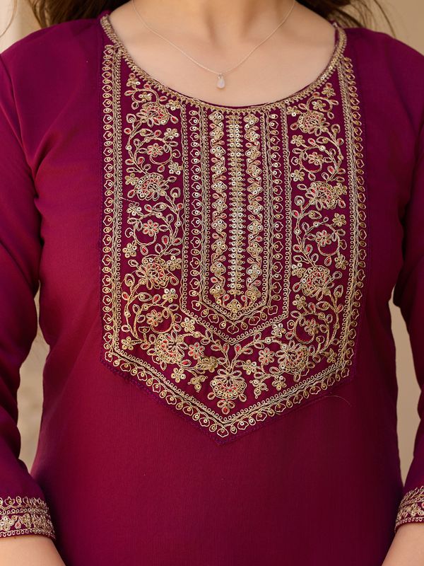 Maroon Embroidered Rayon Kurta Set with Chinon Dupatta